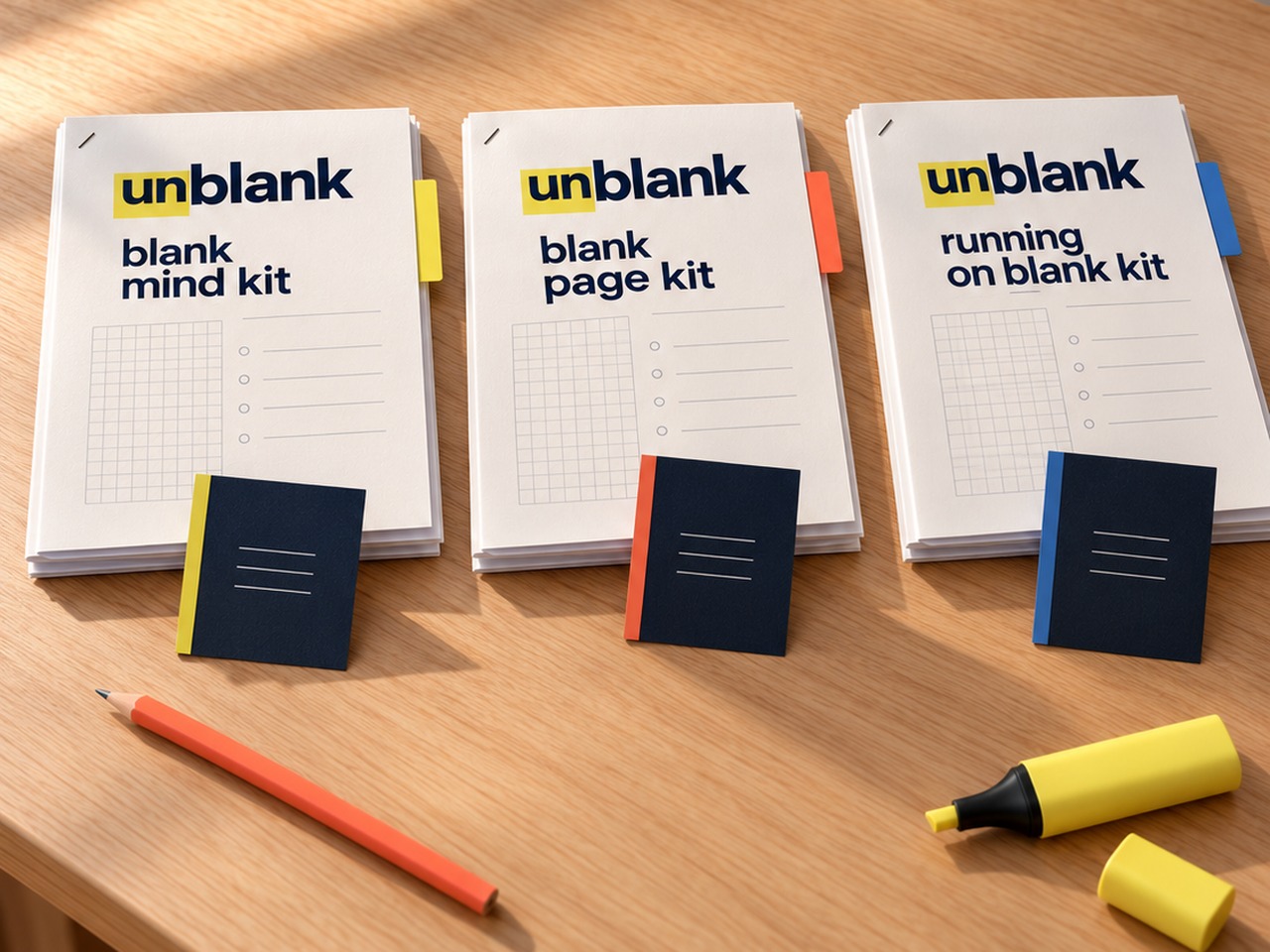 All three Unblank kits laid out side by side on a sunlit wooden desk: Blank Mind, Blank Page and Running on Blank pads with their kit cards, a coral pencil and a yellow highlighter in front