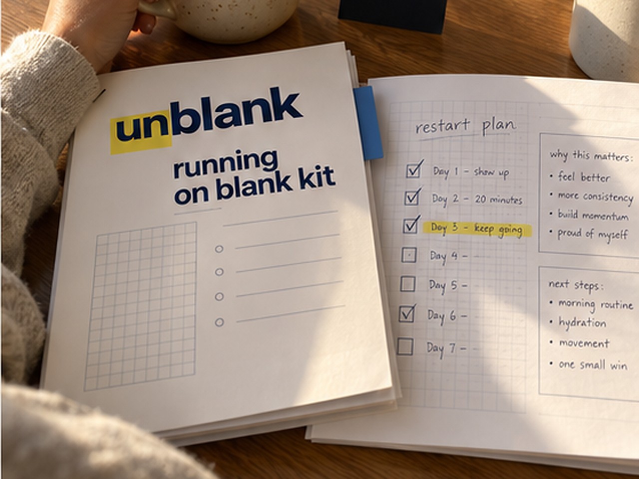 Running on Blank Kit booklet on a wooden table beside a restart-plan checklist, a mug of coffee and the kit card