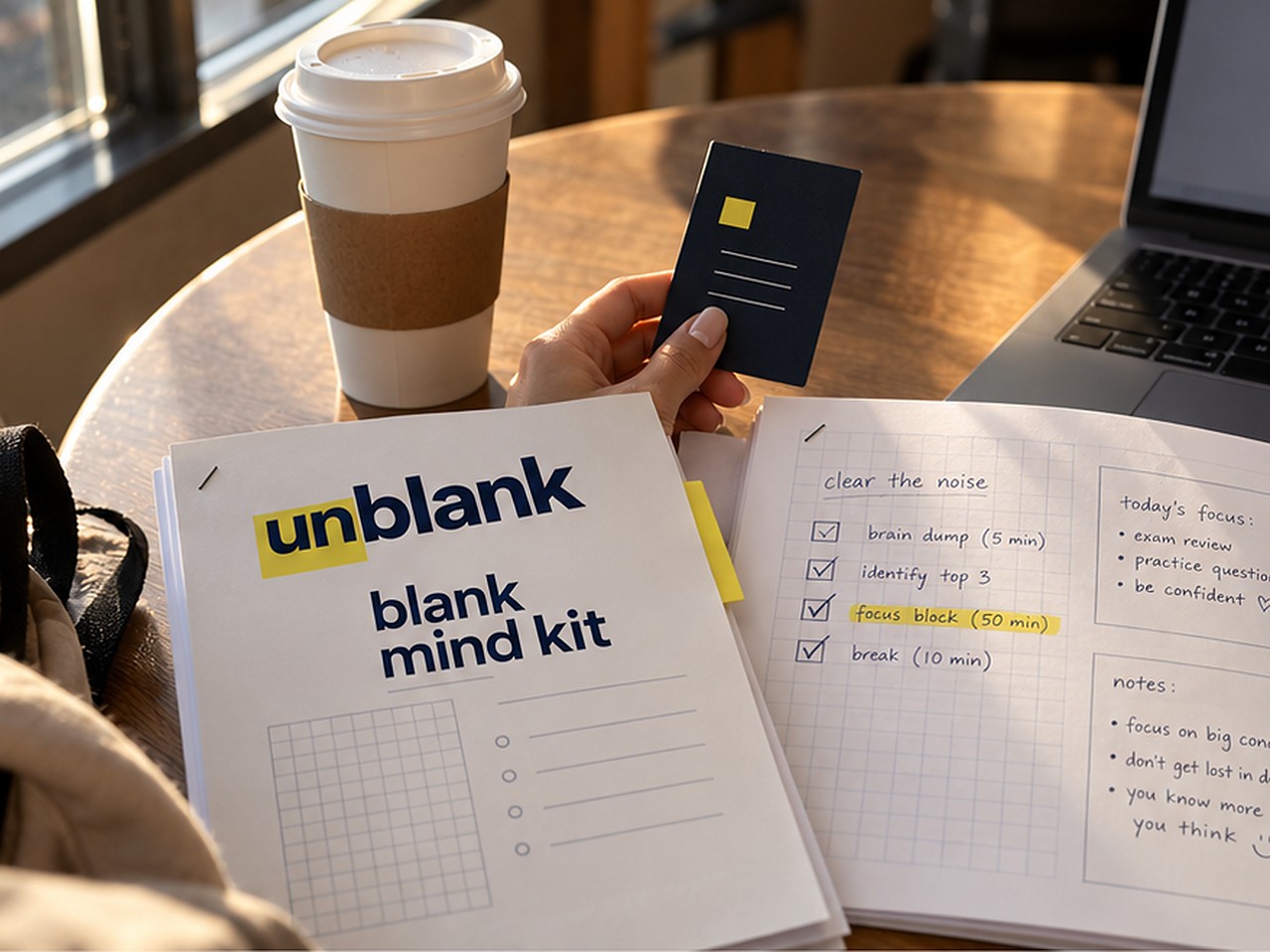 Blank Mind Kit booklet on a sunlit desk beside a coffee cup, an open notebook headed 'today's focus', and a hand holding the kit card